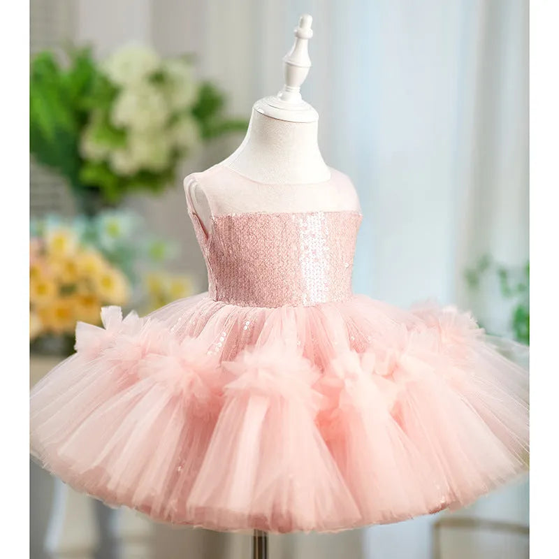 Children's sequined sleeveless pink princess dress on a girl, suitable for heights 80-160cm, polyester fabric
