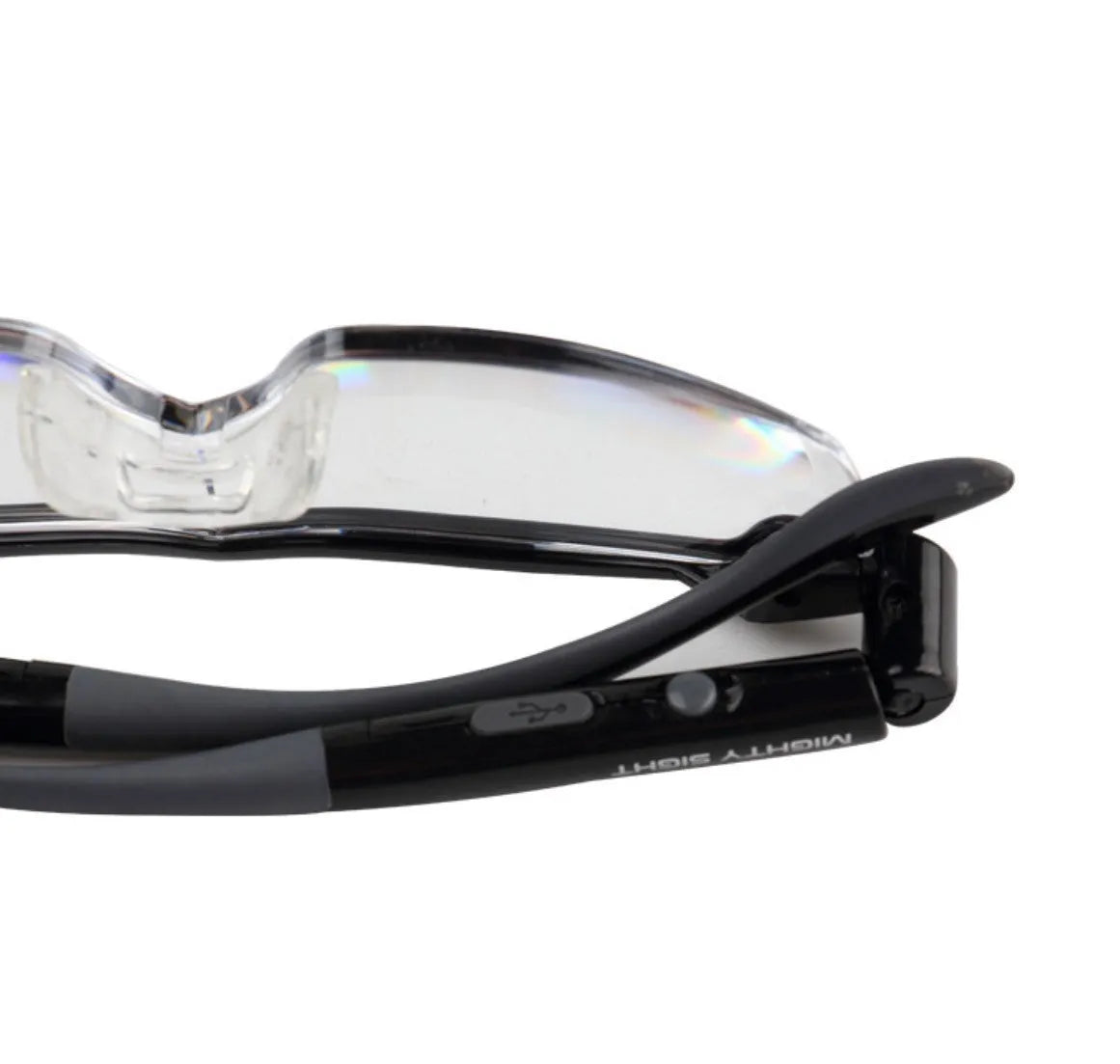 Transparent frame reading glasses with built-in USB rechargeable LED light on transparent black background