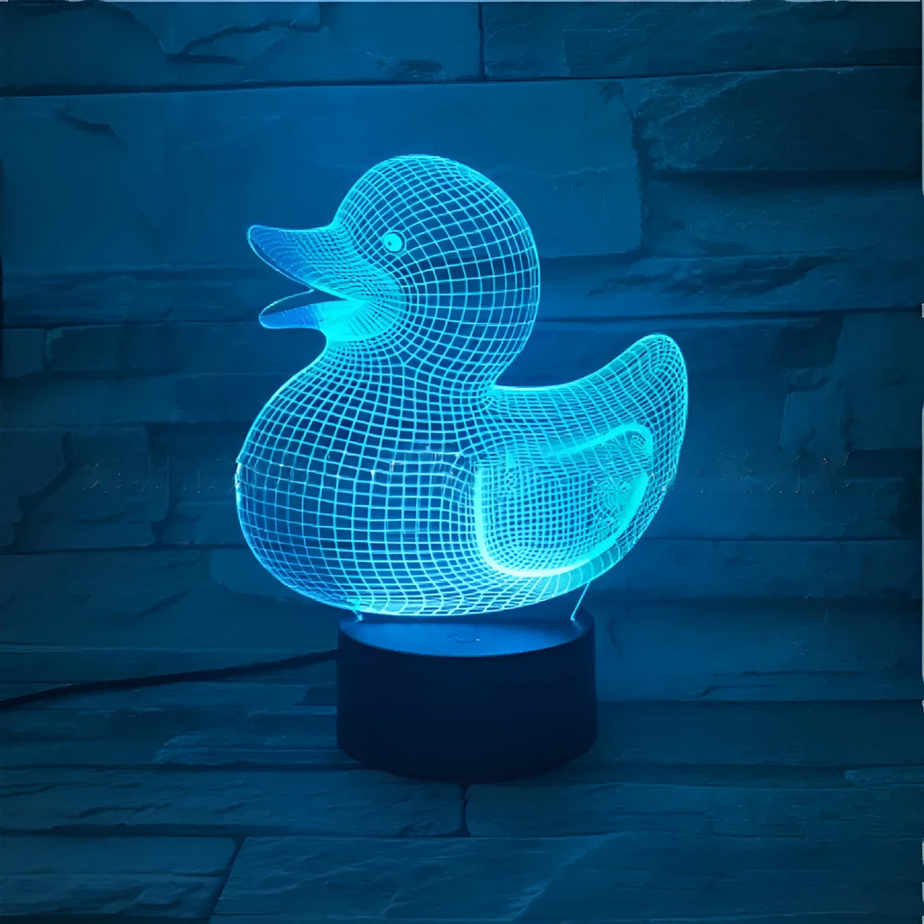 Little yellow duck 3D acrylic night light with remote control on an ABS base, showing multiple colour options.
