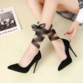Women's black and red high heel shoes with thin shallow mouth, pointed toe, and strap options