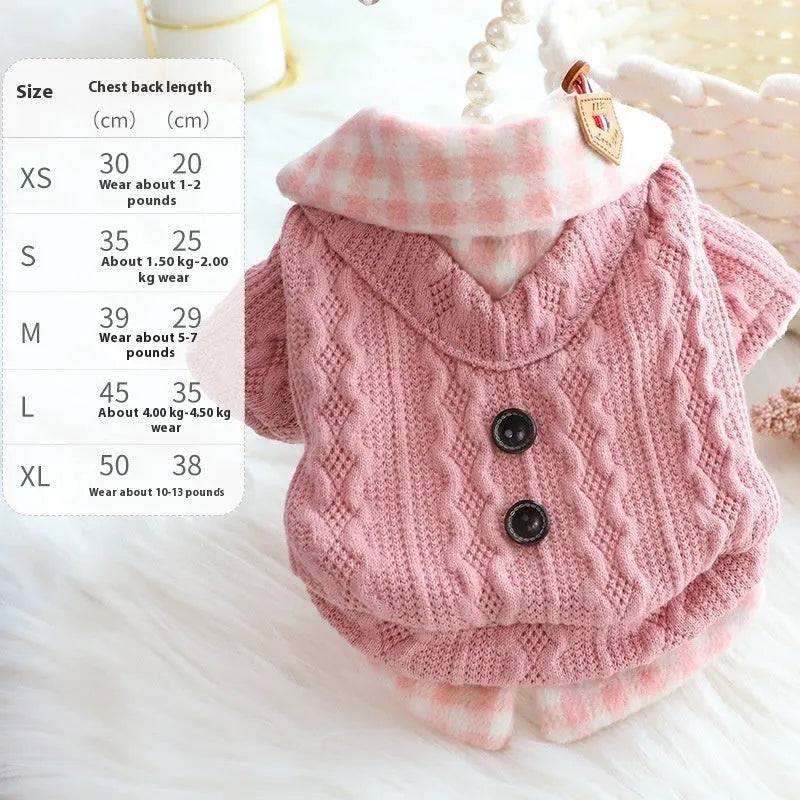 Blue plaid wool dog sweater with fleece lining on small breed dog