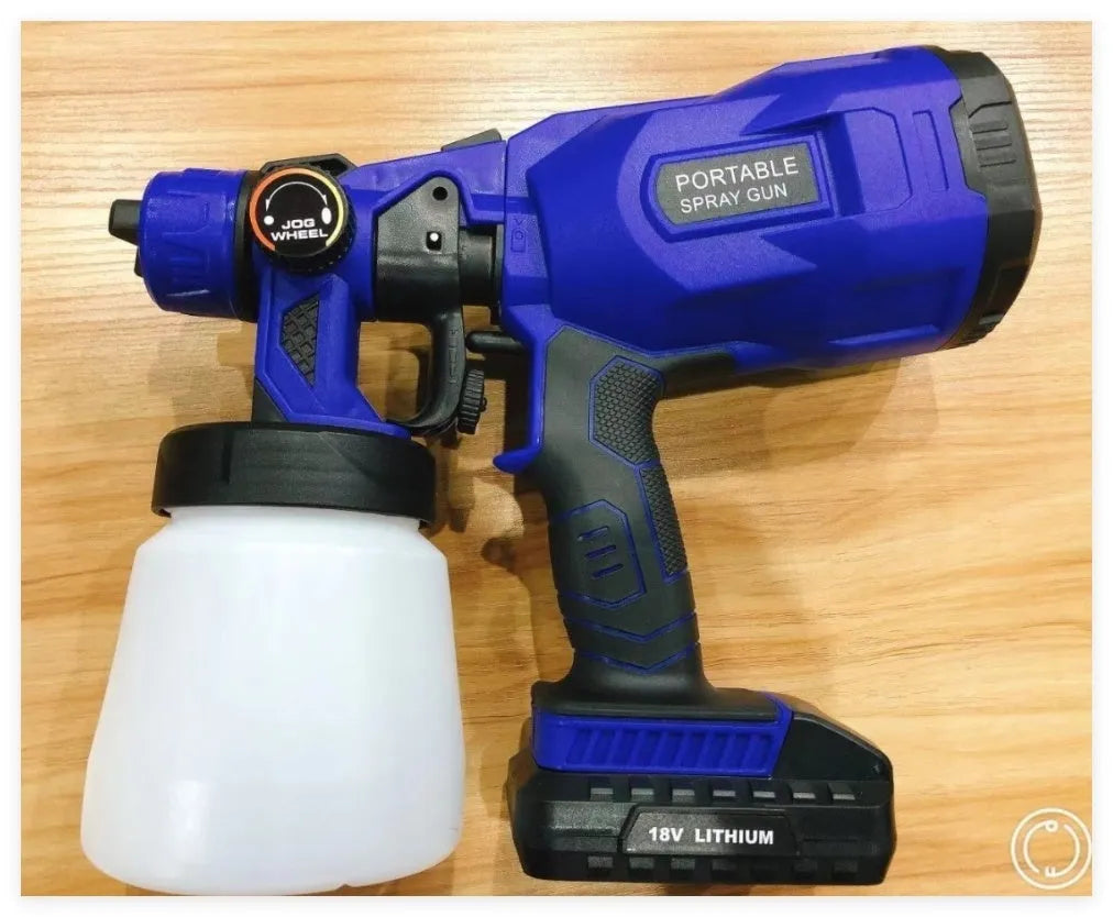 Blue cordless automatic paint spray gun with a large material tank and battery pack.