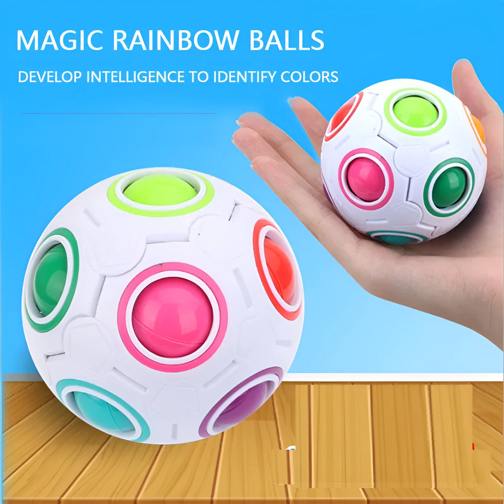 7cm diameter rainbow coloured plastic ball puzzle with visible internal coloured balls.