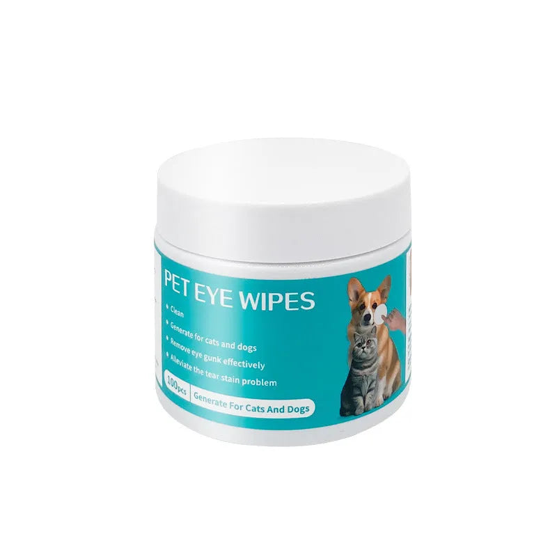 Canister of 100 disposable pet eye cleaning wipes with Aloe Vera and Chamomile extracts.