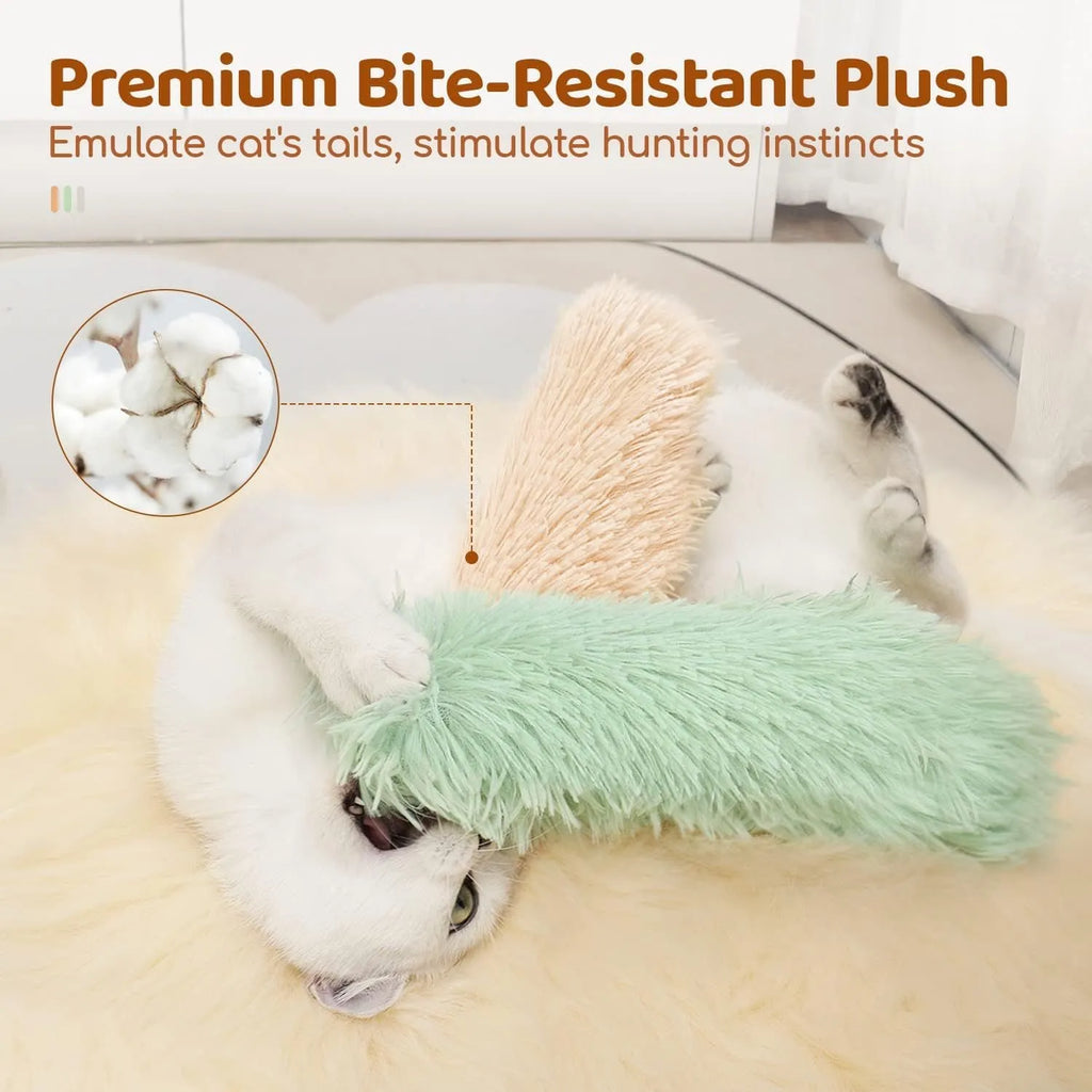 Green plush cat chew toy pillow stick with dimensions 27cm by 10cm