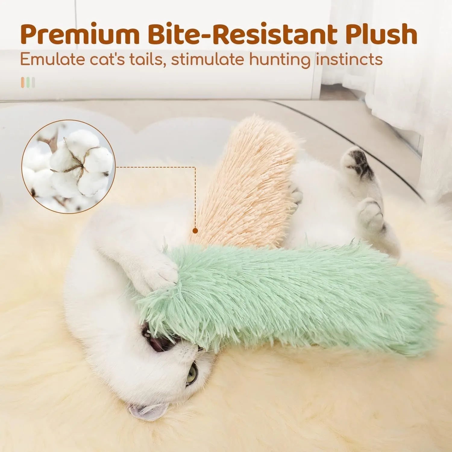 Green plush cat chew toy pillow stick with dimensions 27cm by 10cm