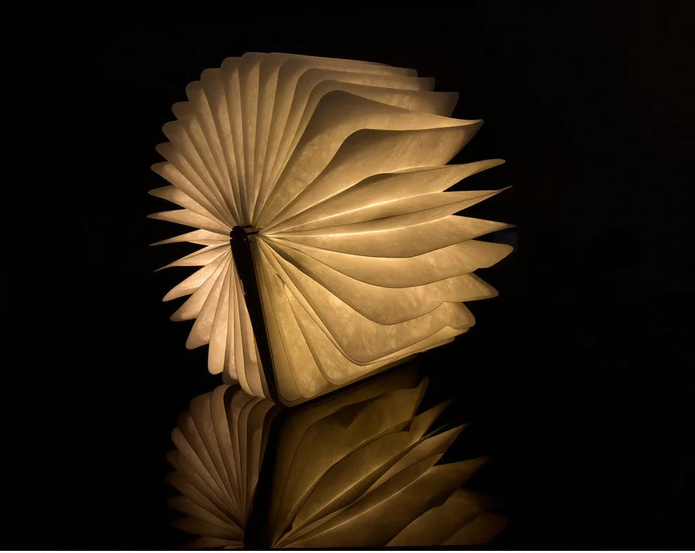 Walnut wooden book light open with colour changing LED pages on a desk