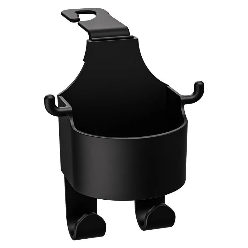 Black plastic car seat back organiser hook with cup holder and hanging hook