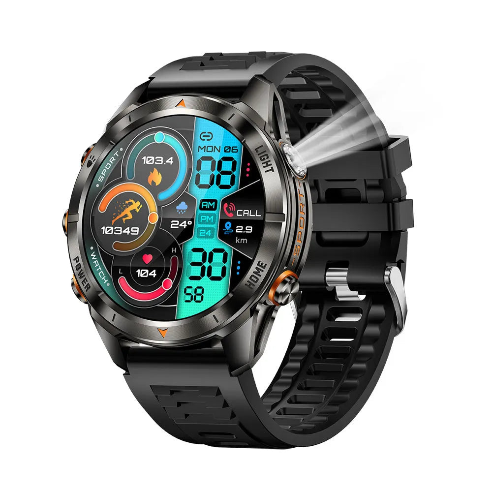 KT80 Smart Watch with Full HD screen and black silicone strap showing heart rate monitor display