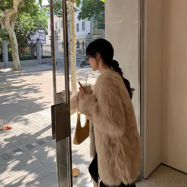 Women's corduroy coat with rabbit fur trim in milk coffee colour, slimming fit, available in sizes S-XL