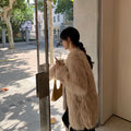 Women's corduroy coat with rabbit fur trim in milk coffee colour, slimming fit, available in sizes S-XL
