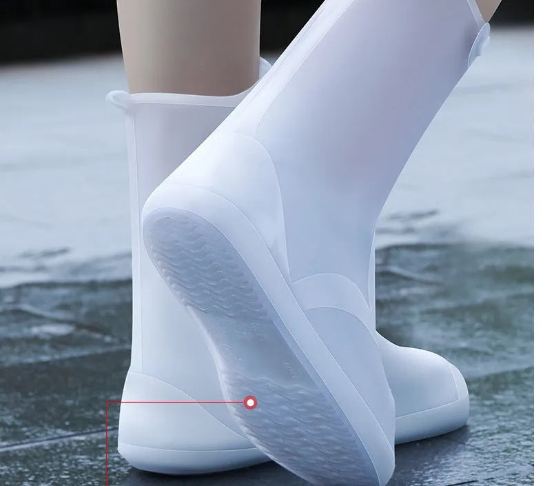 Women's white PVC high top reusable shoe covers for rainy day outdoor protection