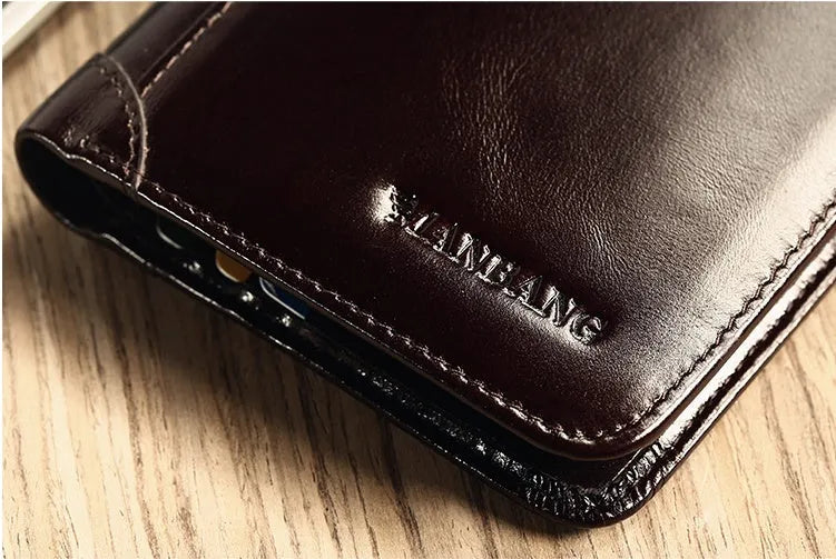 Men's brown leather bifold wallet open to show card slots, coin pocket, and banknote compartment.
