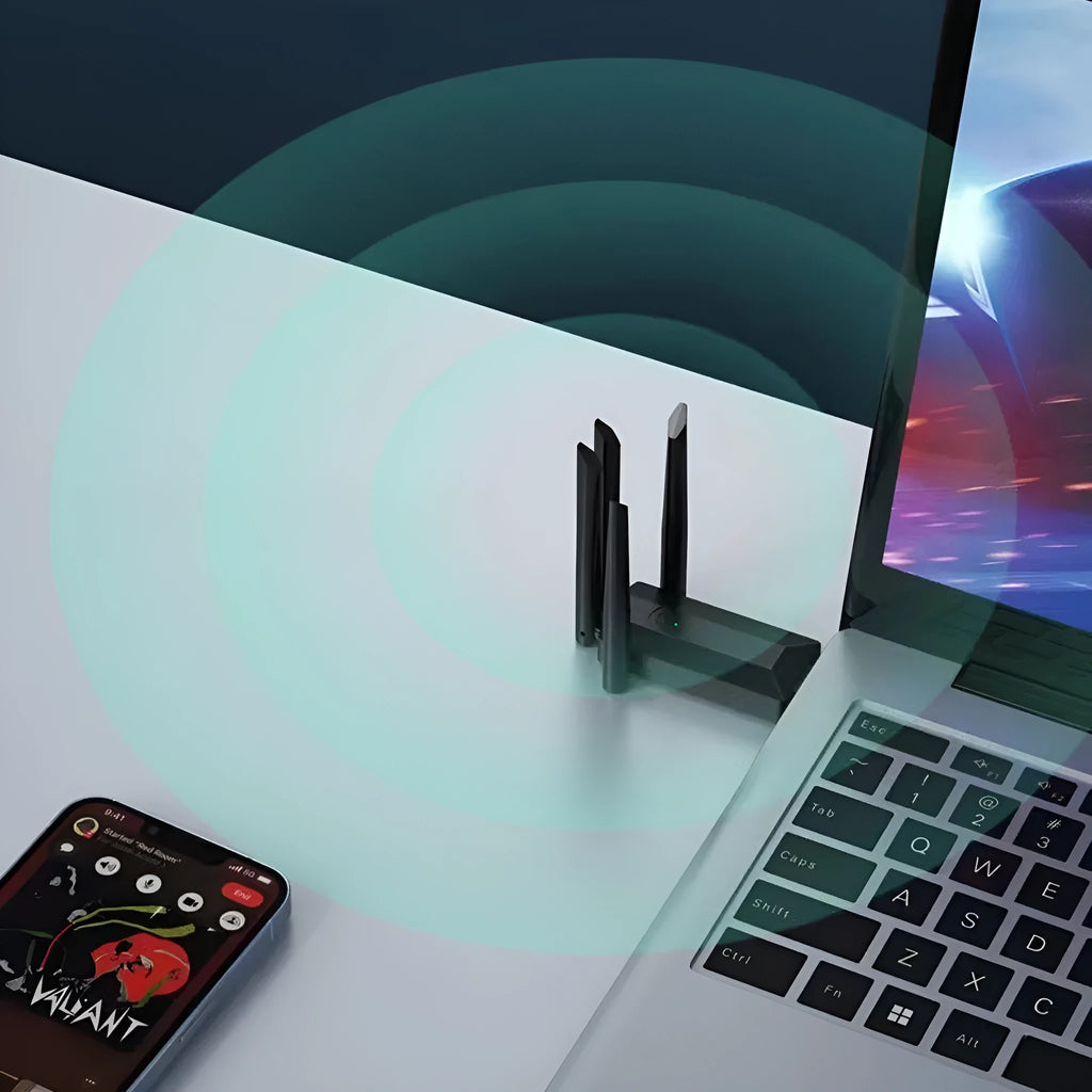 Black USB network transmitter with four extended antennas for wireless signal coverage