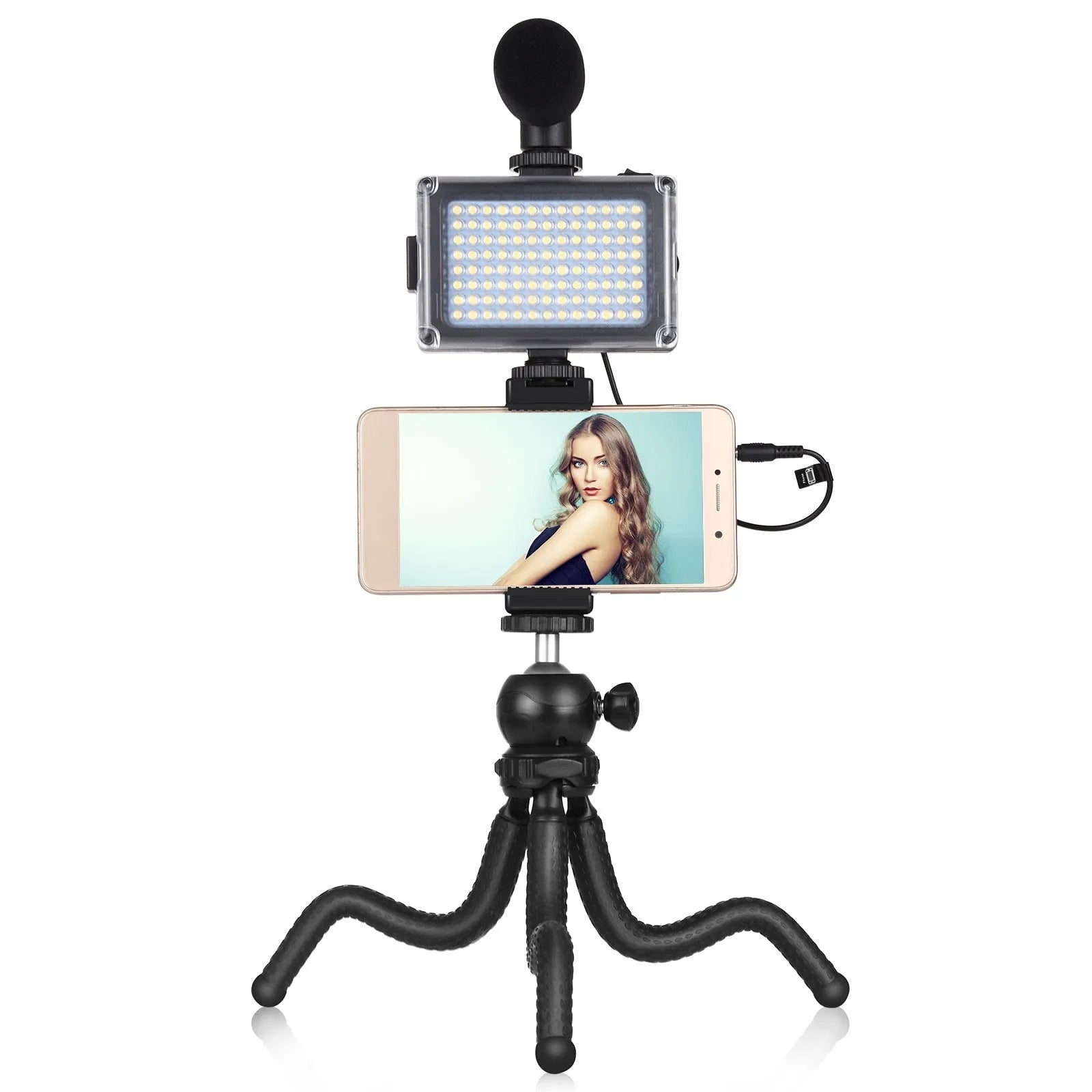 Black octopus tripod live broadcast kit with flexible legs, fill light, and microphone attached