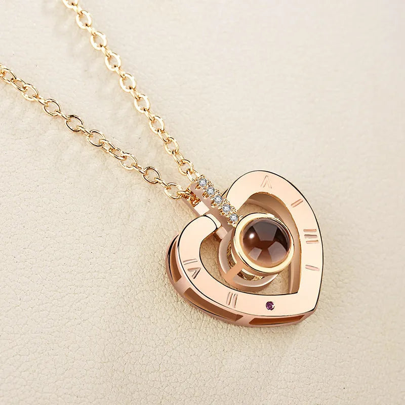 Gold love projection necklace with 100 languages pendant on 50cm copper chain
