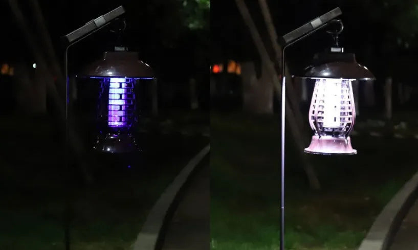 Black solar mosquito lamp with integrated solar panel for garden outdoor insect control