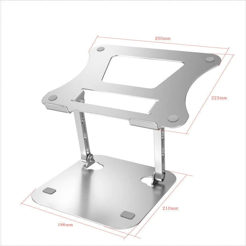 Silver aluminium alloy folding laptop cooling stand on a desk with a notebook placed on it