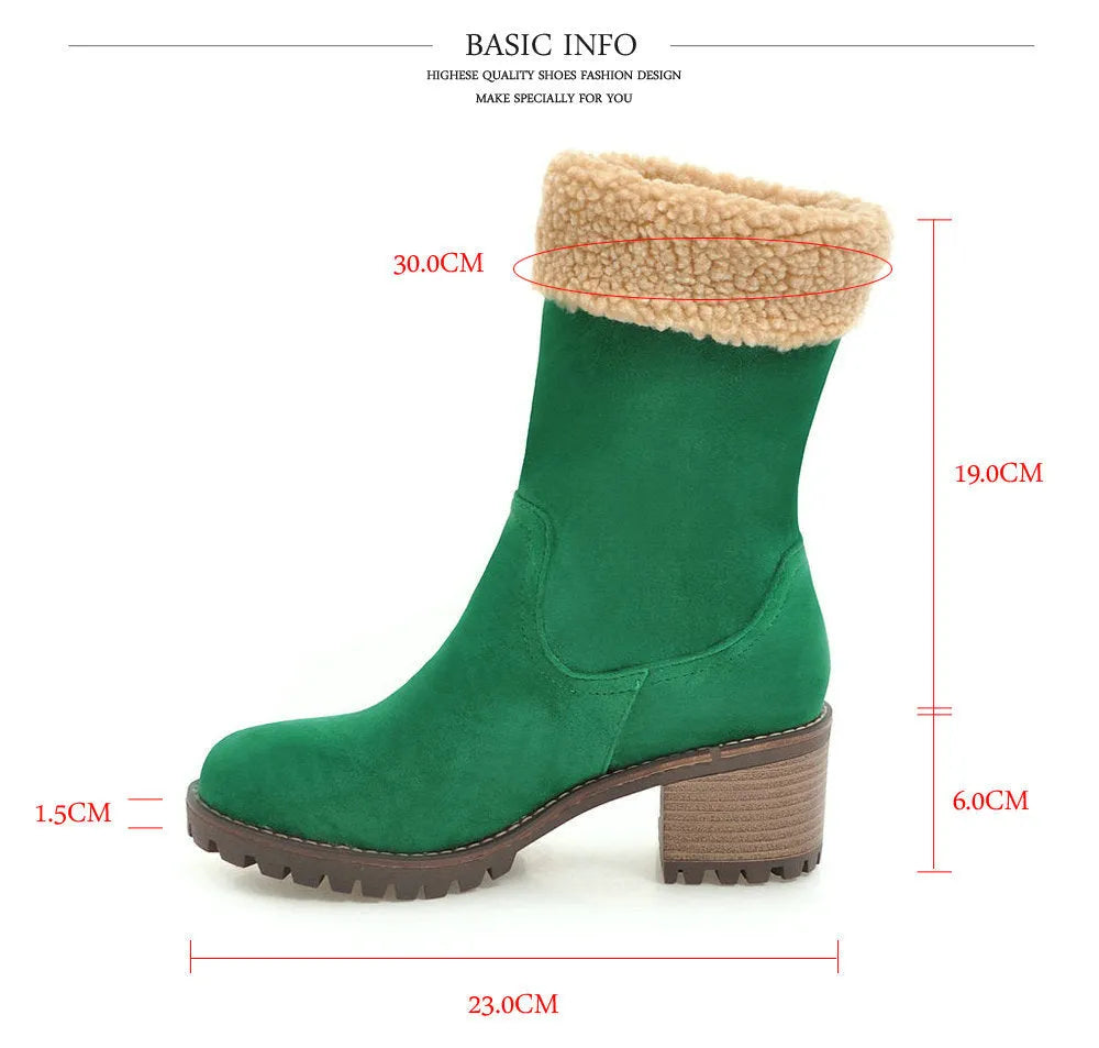 Ankle-high snow boots with a rubber sole and plush lining, shown in black, grey, green, and orange colour options