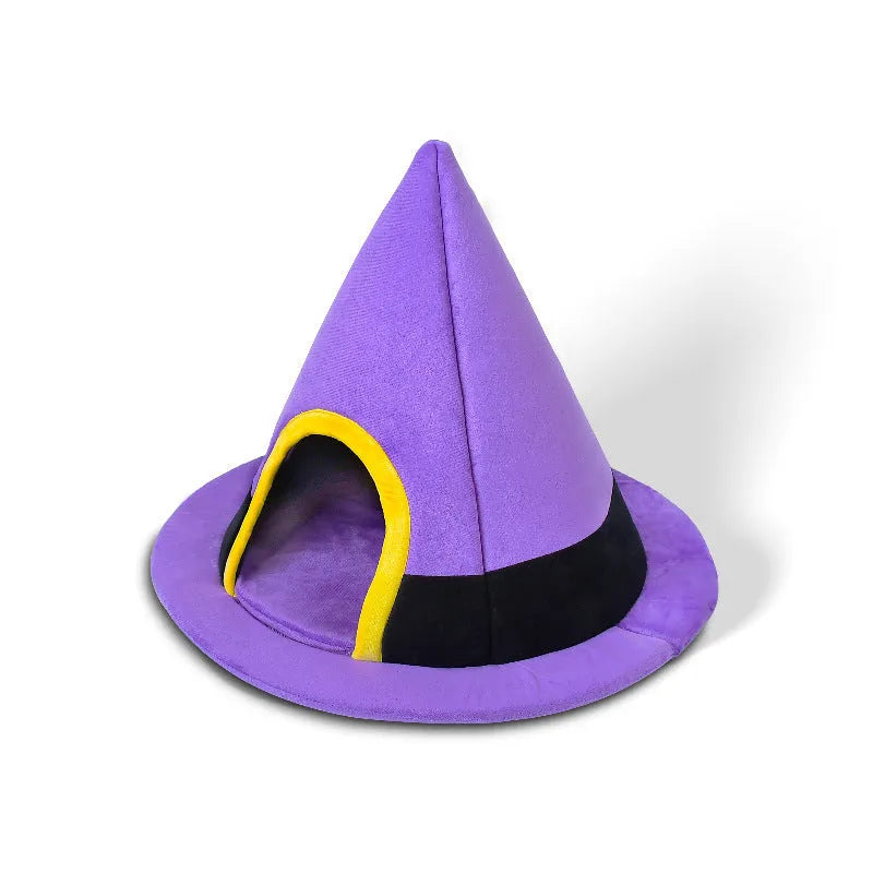 Purple Halloween witch hat shaped soft cloth cat nest bed for pets.