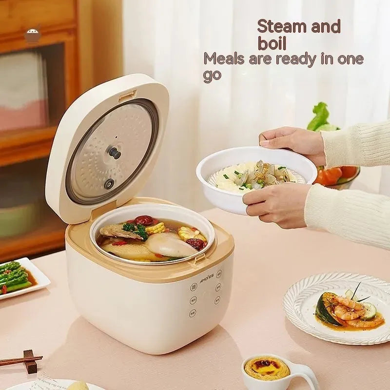 White beige intelligent multi-function rice cooker with black inner pot and accessories