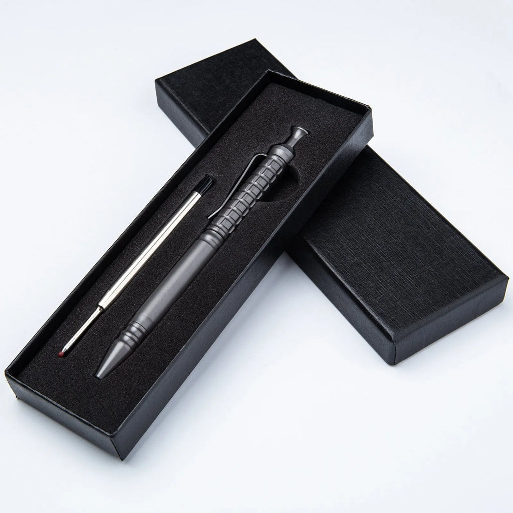 Gunmetal grey titanium alloy push-action business pen with gift box.
