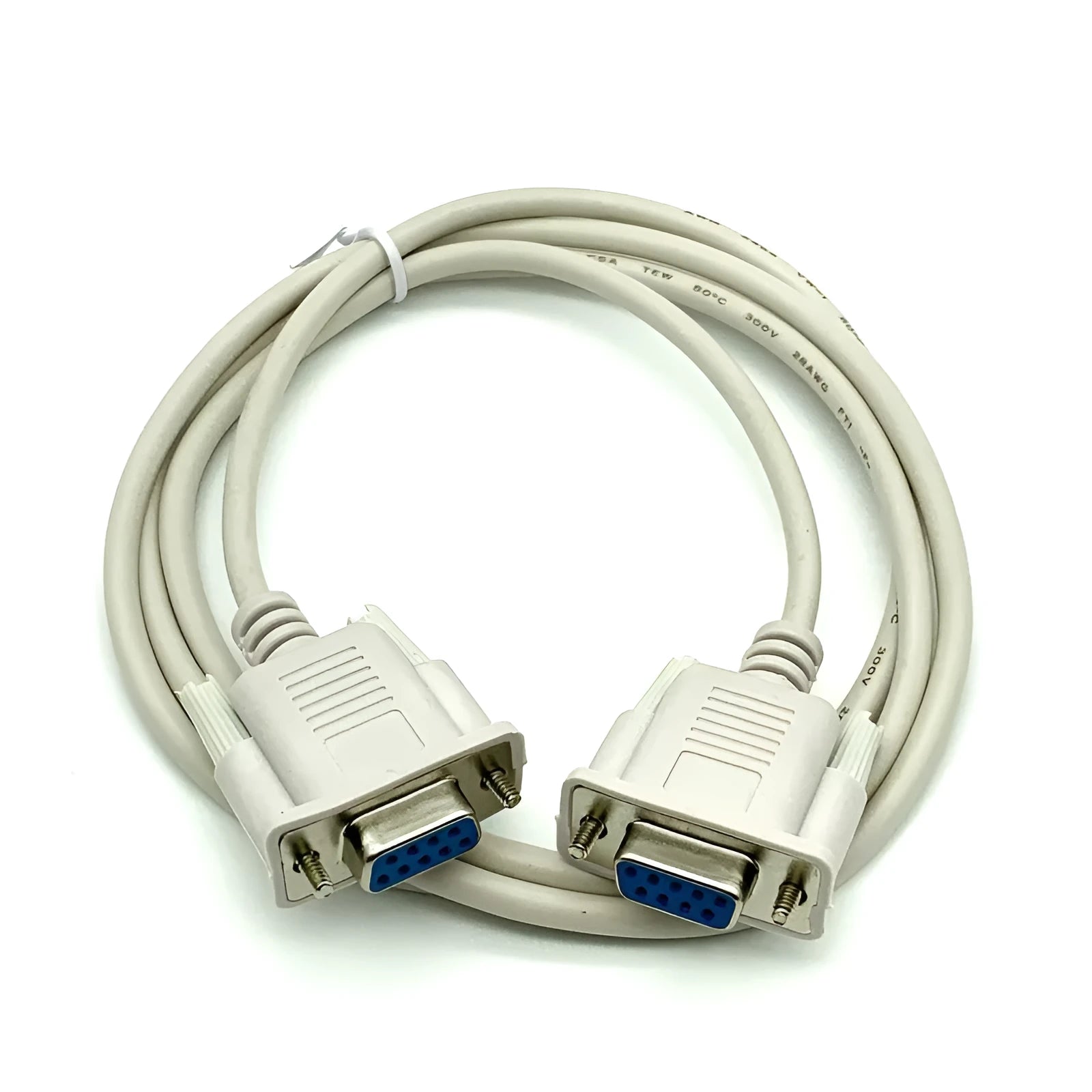 Female-to-female DB9 RS232 serial cable 1.5 metres long in milky white colour