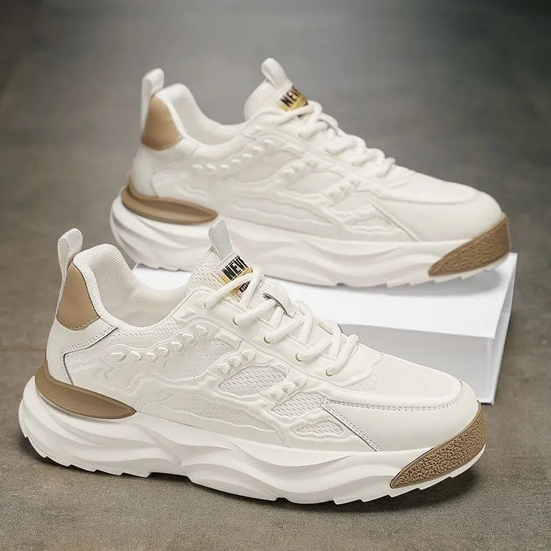Men's solid colour breathable mesh shoes with round toe, shown in white and black.