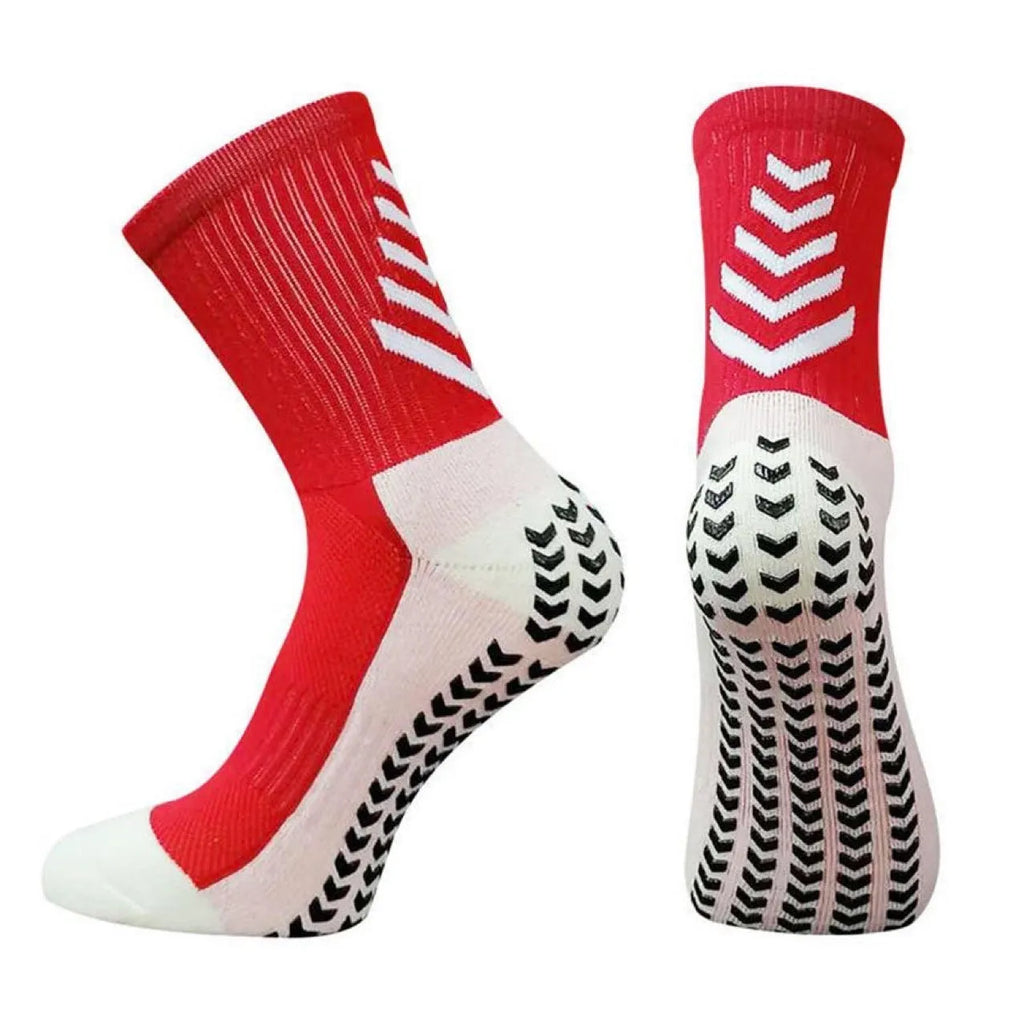 Men's athletic mid-calf socks with geometric arrow patterns and non-slip silicone grip