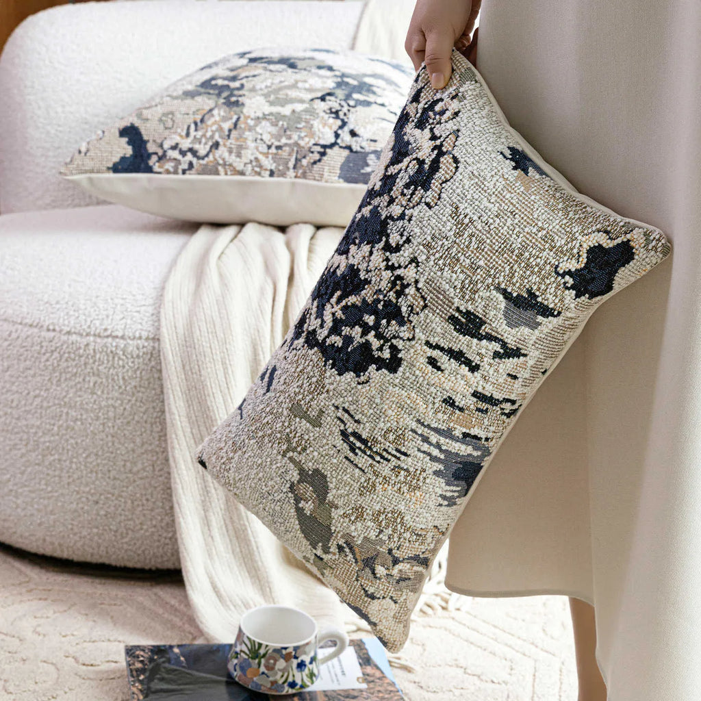 Antique blue floral patterned cushion cover in wool blend fabric, shown in square and rectangular sizes.