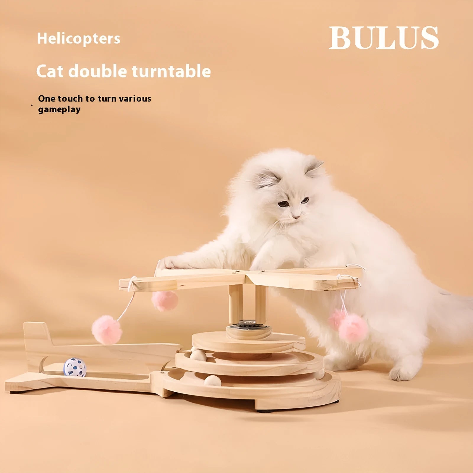 Solid wood cat scratch turntable toy in animal shapes including helicopter and panda designs