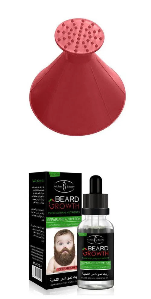 Bottle of beard essential oil with natural ingredients for growth and dandruff control