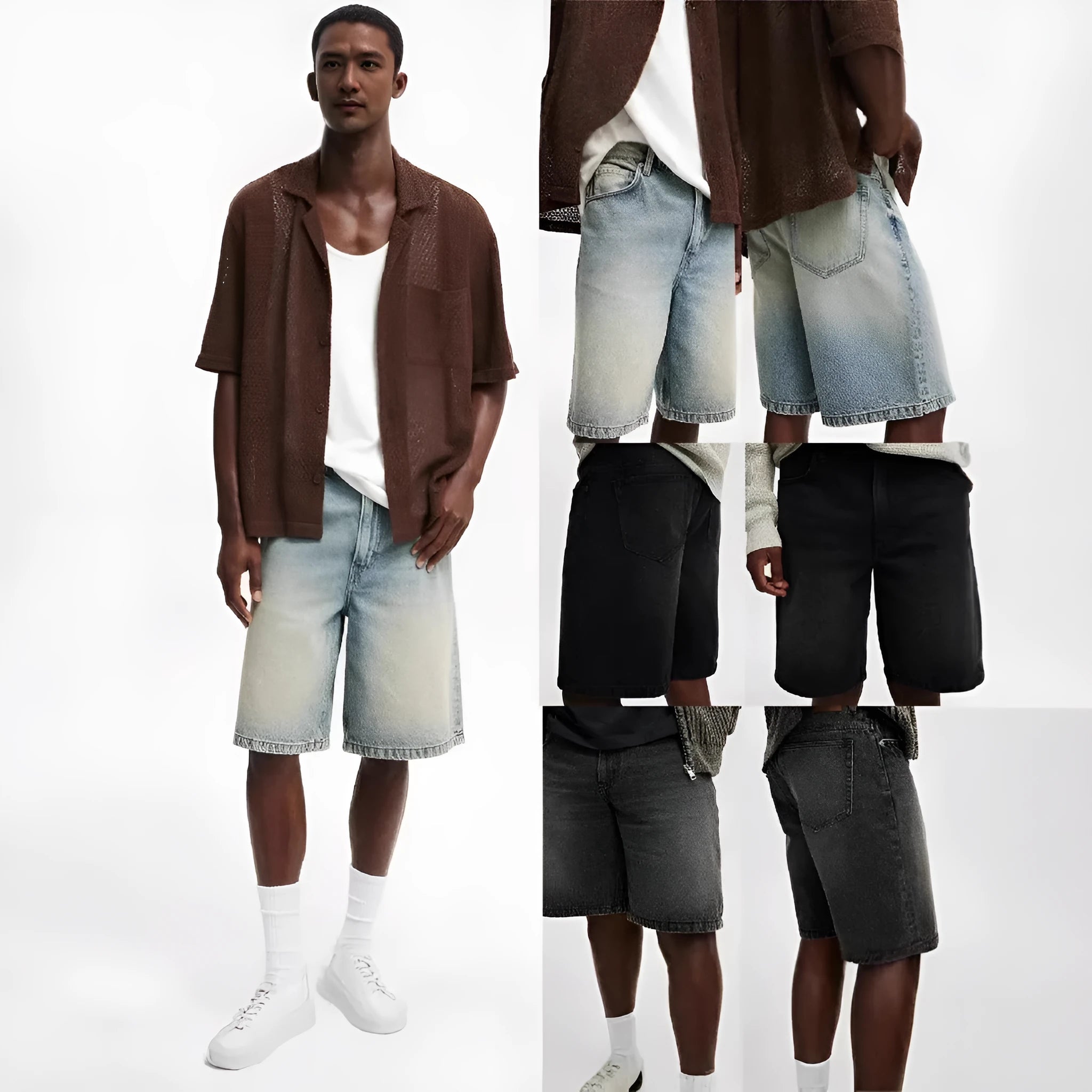 Men's loose fit straight leg cotton denim jeans in light blue, black and grey colours