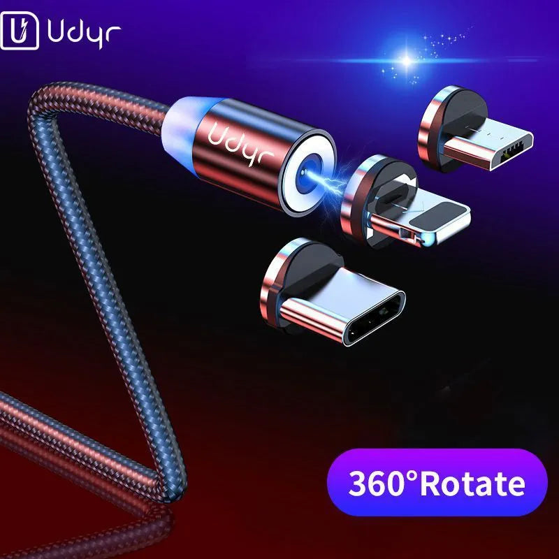 Magnetic USB charging cable with Android, Apple, and USB-C tips in black, red, and silver colours