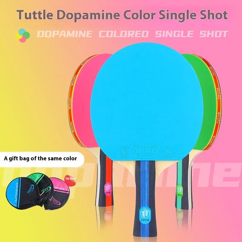 Pure wood table tennis racket with long blue shakehand grip handle and matching blue racket cover.