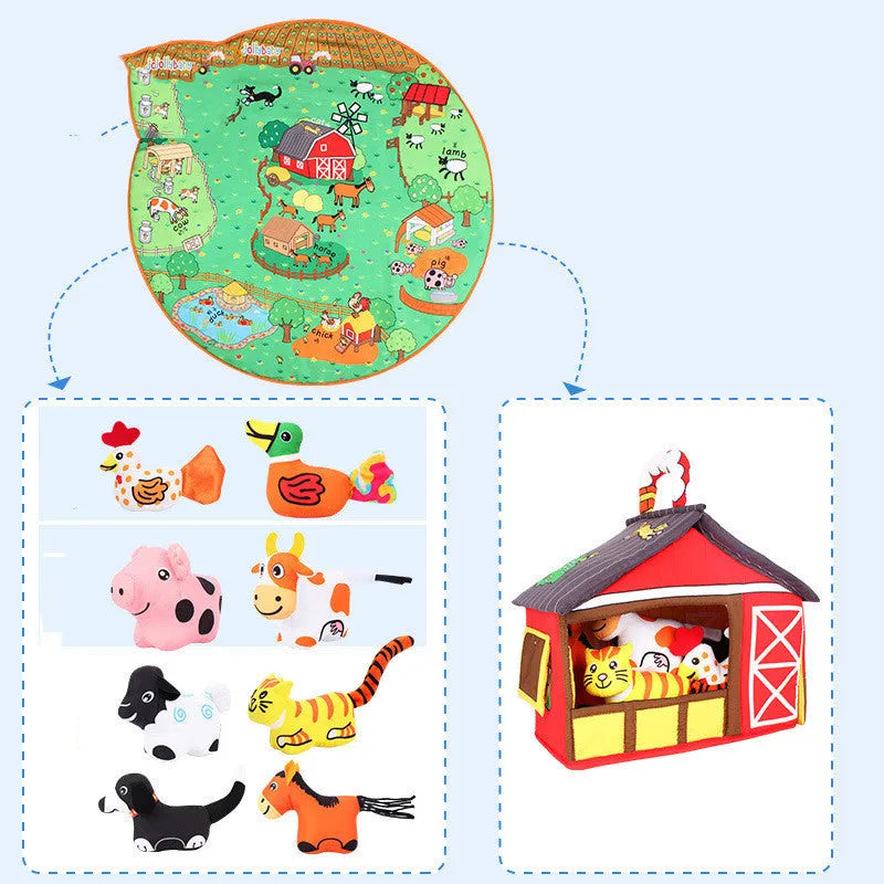 Baby play blanket crawling mat with animal toys, 1 cm thick, in farm or jungle theme.