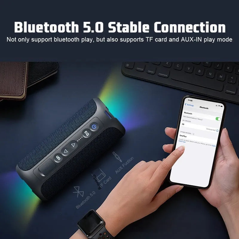 Black and blue fabric Bluetooth speaker with luminous lighting effects