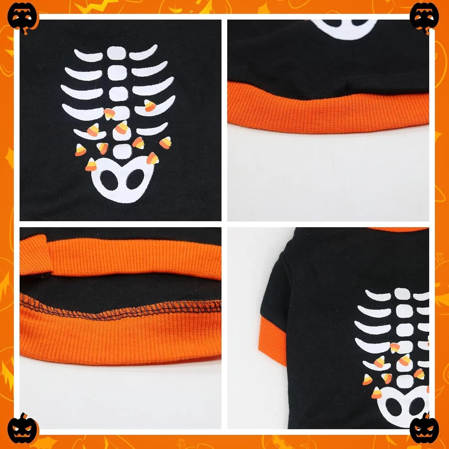 Orange dog sweatshirt with black skeleton print on a small dog, showing ribbed collar and cuffs.