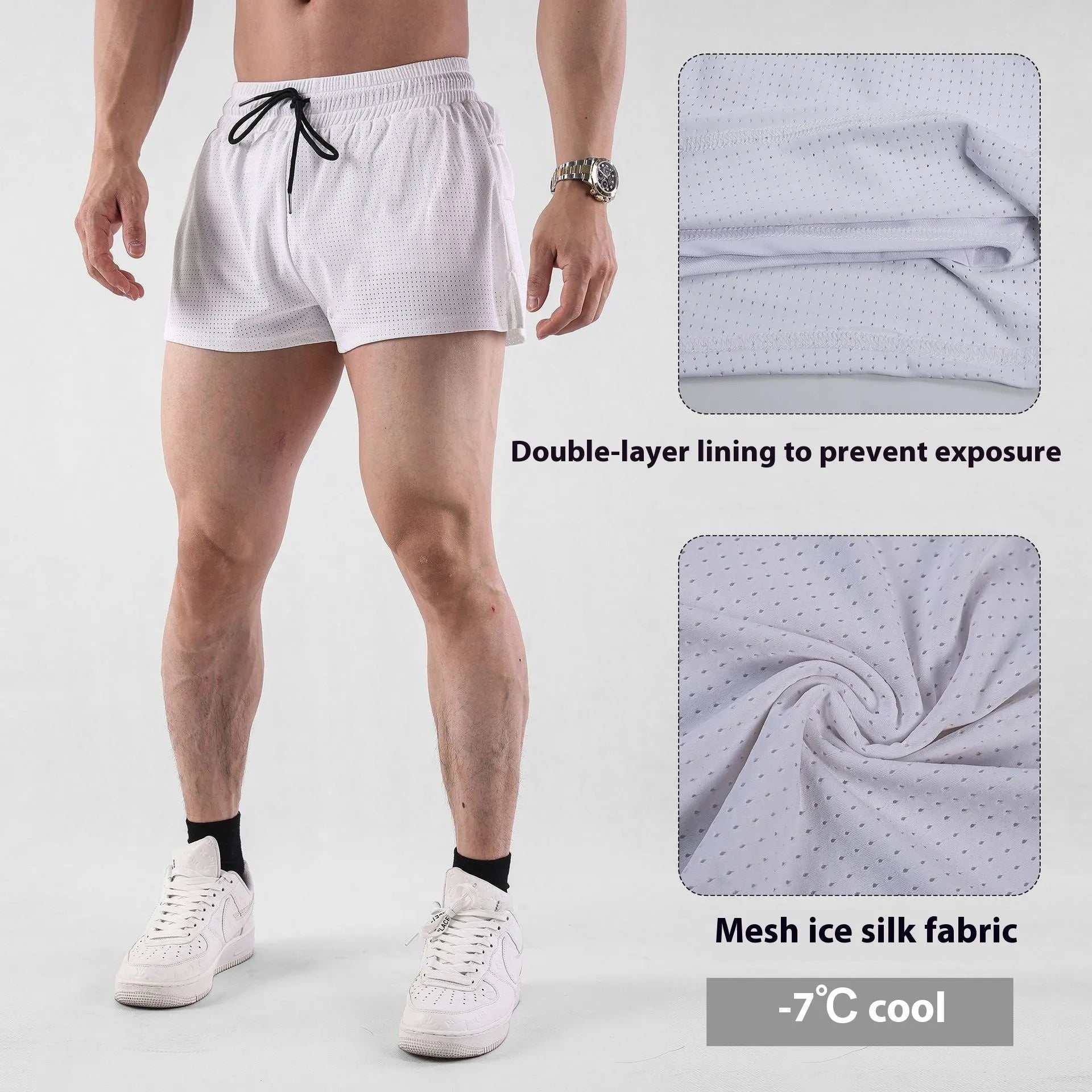 Man wearing black quick-dry nylon summer shorts with a mid-waist design.