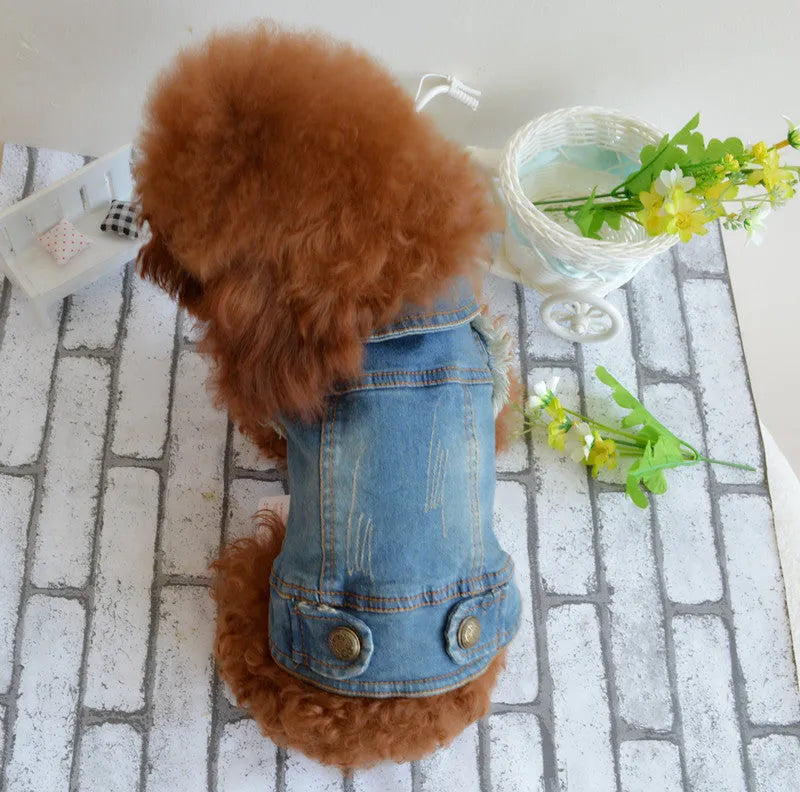 Retro scratch pattern denim dog vest in dark and light wash colours for autumn winter wear