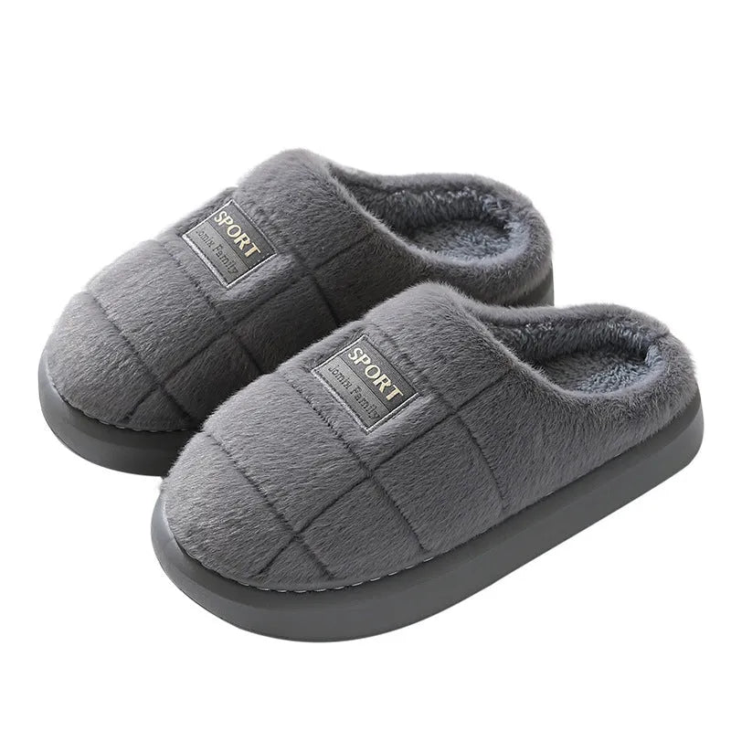 Men's plaid cotton winter slippers with rabbit hair upper and thick EVA sole in brown colour