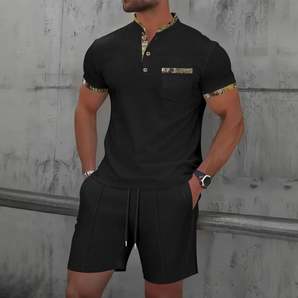 Men's grey waffle texture zipper polo collar short sleeve suit with matching shorts