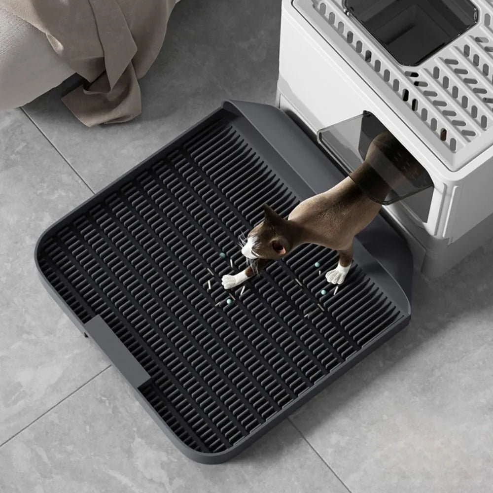 Large black cat litter pedal with slanted mouth design and non-slip base, 37cm square
