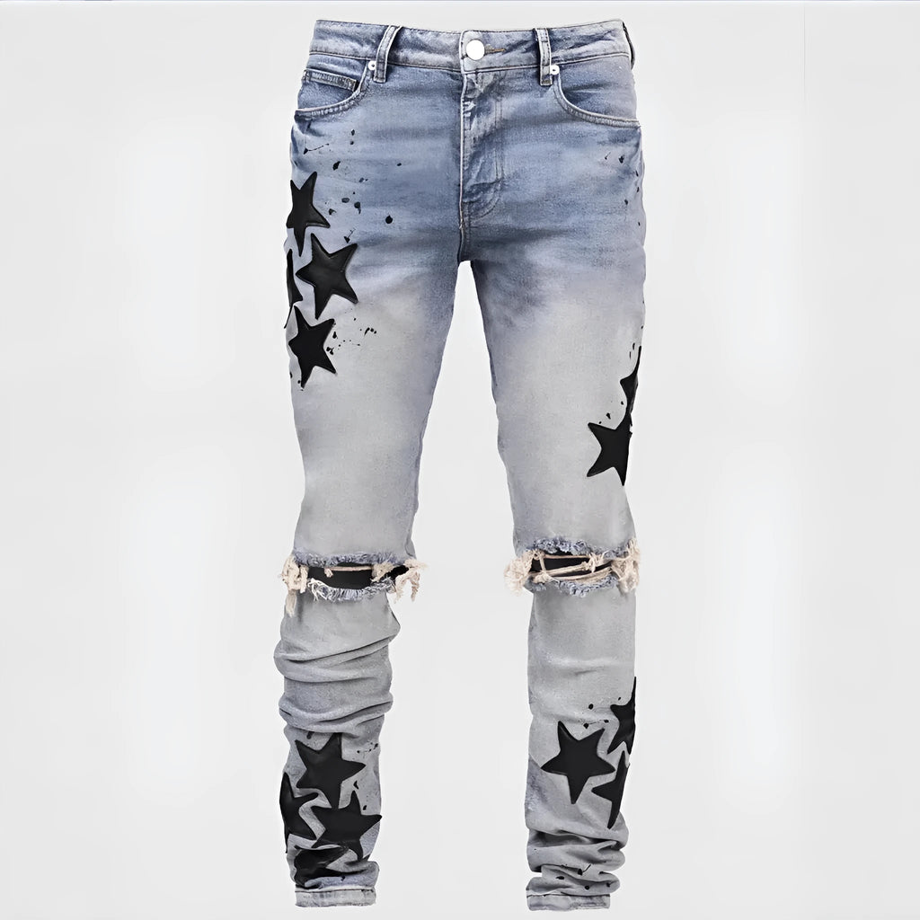 Men's slim fit stretch jeans in blue with mid waist and subtle embroidery detail on denim.