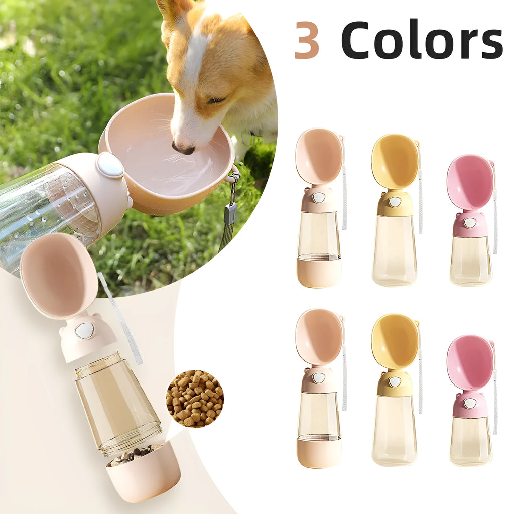 3086 portable dog water bottle and feeder in brown, pink, or yellow for outdoor pet travel