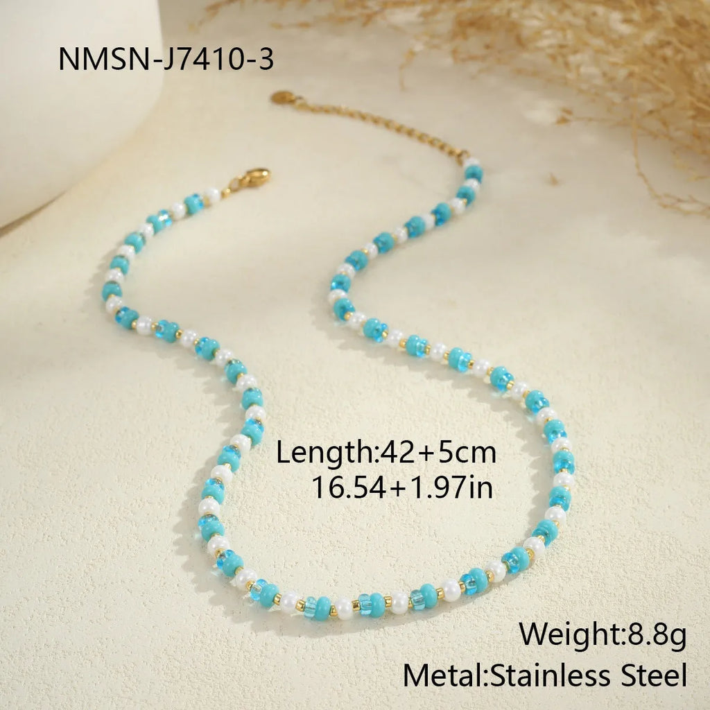 18K gold plated stainless steel geometric chain necklace for women, adjustable 41-50cm, pink or blue colour, fashion OL style, electroplated finish