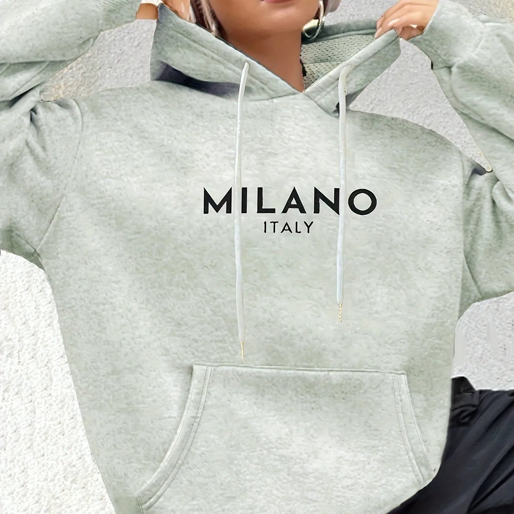 Casual long sleeved printed kangaroo pocket hoodie in black, loose fit, front view