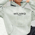 Casual long sleeved printed kangaroo pocket hoodie in black, loose fit, front view
