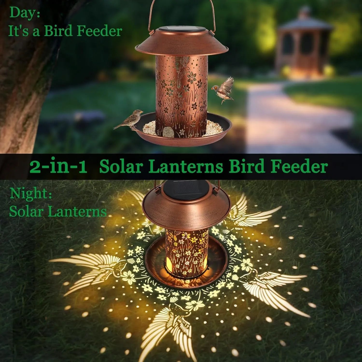 Iron art solar-powered bird feeder lamp with hummingbird pattern design for outdoor garden use.