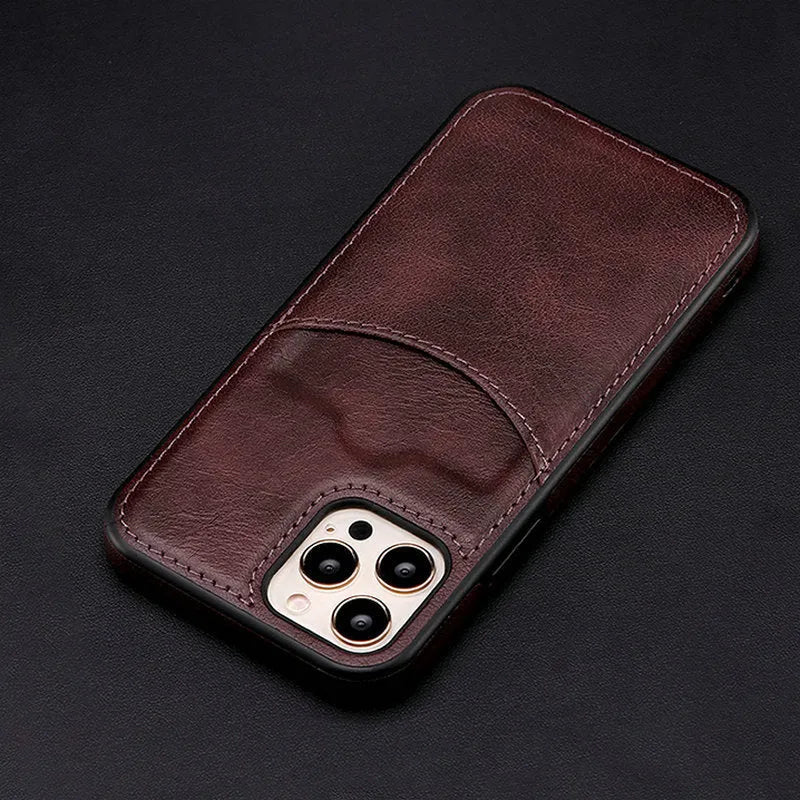 Dark blue PU leather protective case for iPhone models on a phone